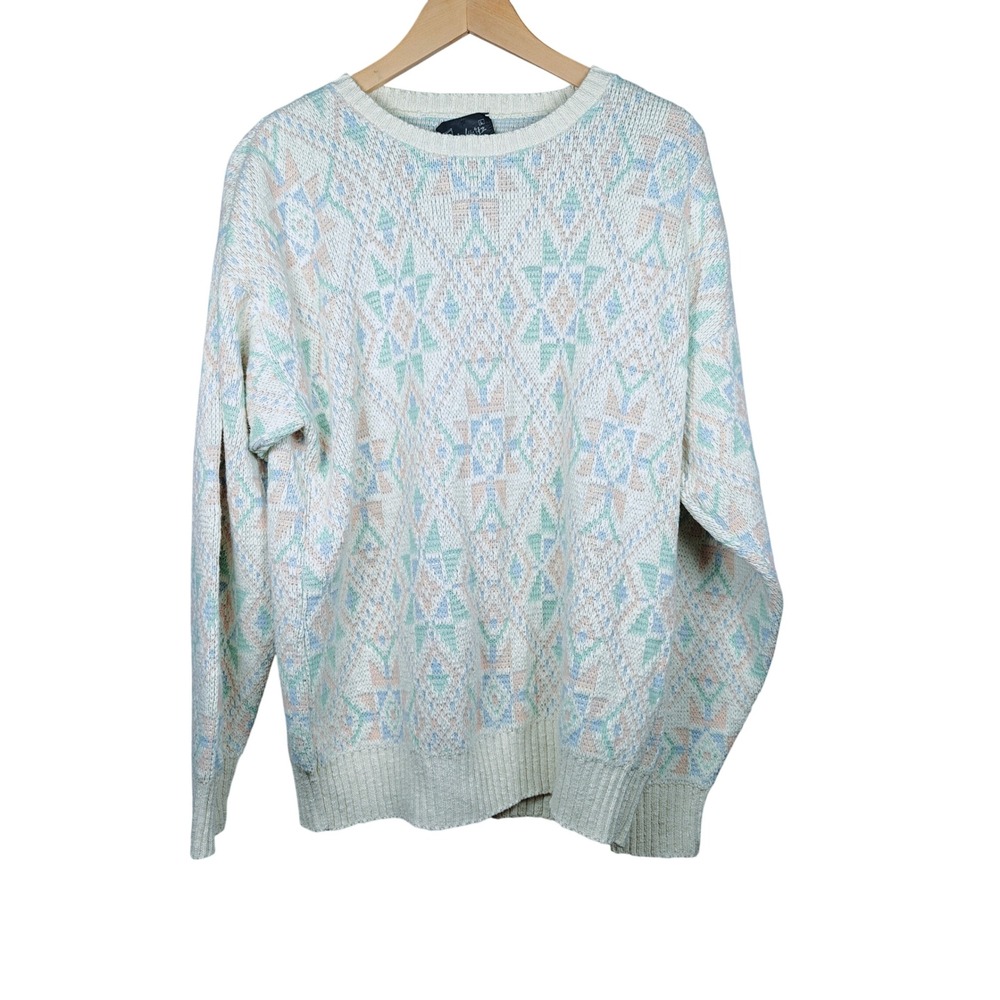 John Weitz Sweater Y2K Geometric‎ Pattern Cream Blue Pink Green Knit Pullover L